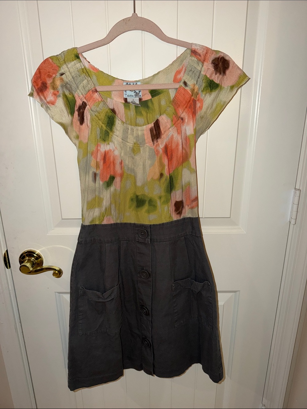 Tabitha Floral Cream, Pink & Green Mini Dress with Charcoal Skirt